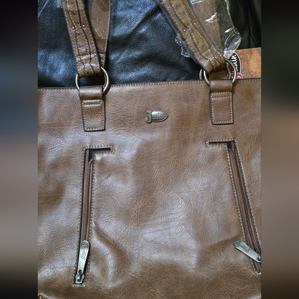 Justin Boots Brown Concealed Carry Ostrich Leather Shoulder Bag 15"×12"×5" NWT - Picture 7 of 11